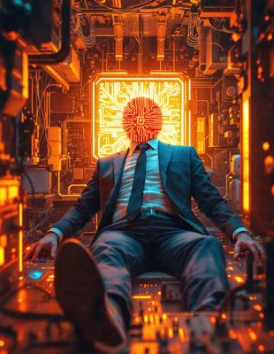 The primary subject of the image is a man wearing a suit and tie, lying on a futuristic surface with a blue background. The visual style appears to be a combination of photo and digital art, creating a unique and intriguing scene. The man's attire and the futuristic setting suggest a sense of sophistication and modernity. The overall atmosphere of the image is both captivating and thought-provoking.